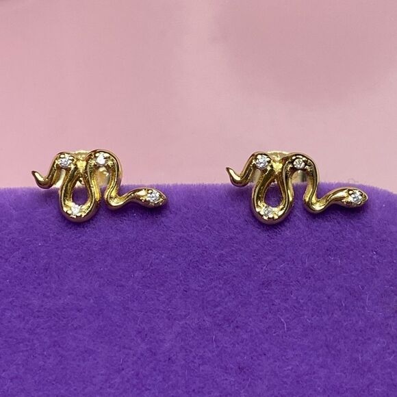 💛 New Yellow Gold Vermeil Crystal Snake Earrings - Picture 1 of 5